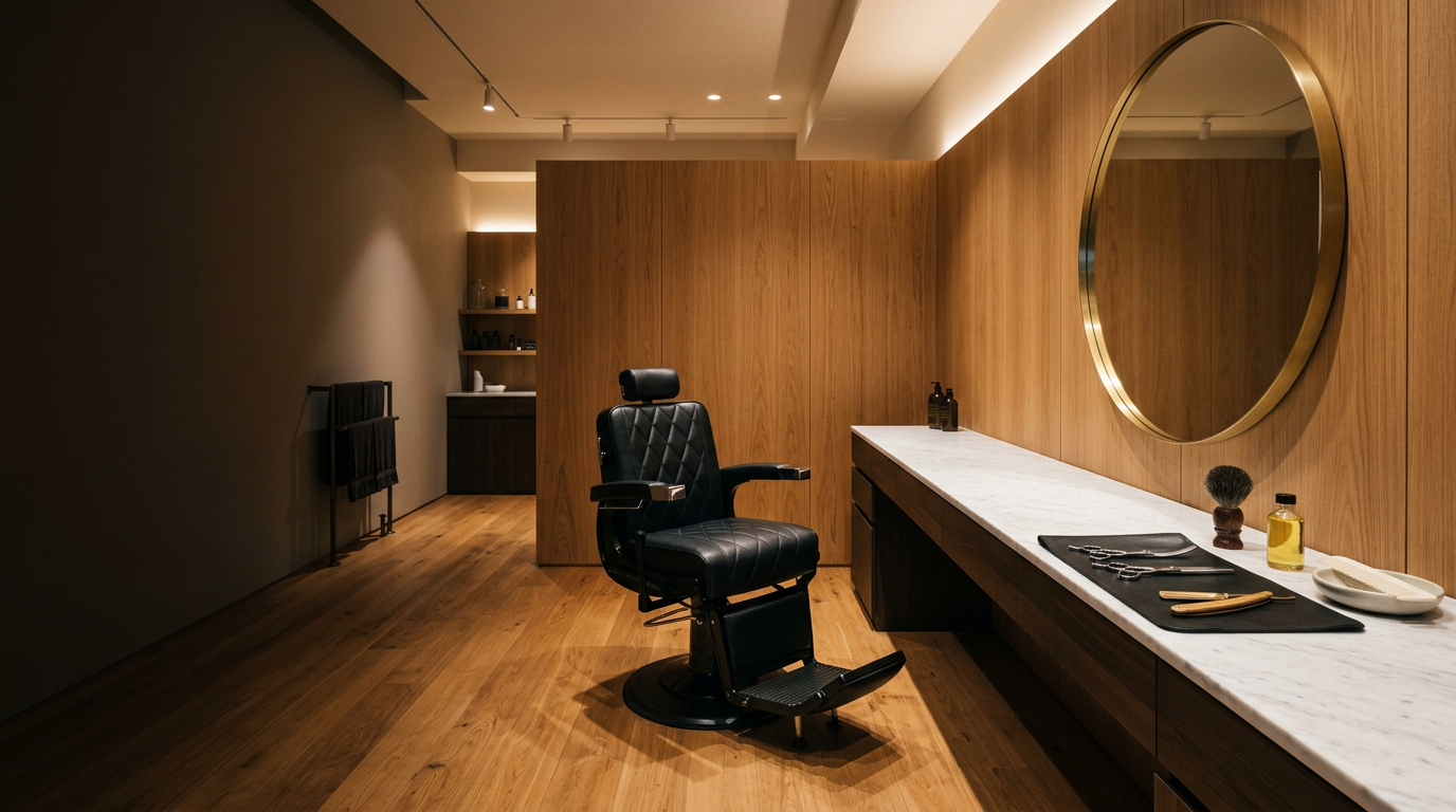 Modern barbershop interior with a barber chair and a round mirror